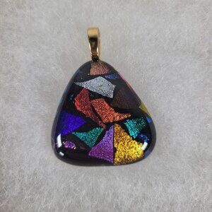 Fused Glass Triangle  Abstract Mosaic Design Pendant With Gold Tone Bail